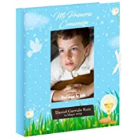 Libro de comunión para firmas y Fotos- Personalizado con Placa grabada con Nombre y Fecha (Azul)